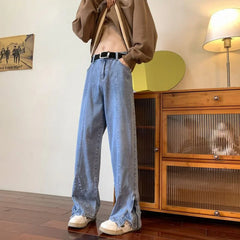 Bonsir High Street Original American Trendy Wide Leg Jeans Men Autumn Winter New Korean Button Pocket Zipper Loose Straight Pants