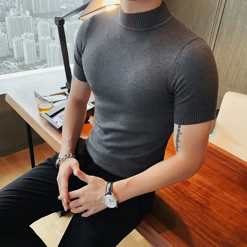 Bonsir Autumn Short Sleeve Sweater For Men High Quality Fashion Solid Slim Fit Pullovers Half High Neck Elastic Knitted Casual T Shirt