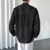 Bonsir Men's Autumn Tassel Feather See-Through Sexy Shirt New Trendy Nightclub Style Loose Lapel Long-Sleeved Simple Solid Shirt