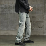 BONSIR  -  American New Fashion Vintage Men's Straight Wide Leg Loose Spliced  Casual Trendy Washed Blue Denim Trousers Male Streetwear