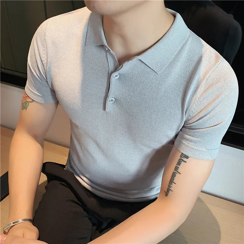 Bonsir British Style Summer Knitted Polo Shirt Solid Color Slim Fit Stretch Short Sleeve T-shirt Men Business Social Polos Streetwear