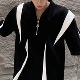 Bonsir Mens Polo Shirt Y2k Black White Contrast Half-Zip T Shirt Fashion Casual Personality Streetwear All-Match Tops Men'S Clothing