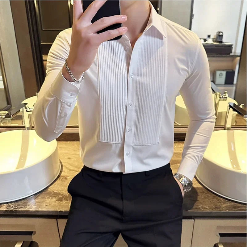 Bonsir Groom Wedding Party Dress Shirt Men's Fashion Pleated Design Slim Fit Shirt Men Formal Long Sleeved Social Business Tailcoat