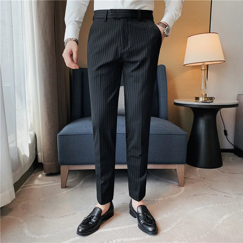 Bonsir British Style Striped Slim Fit Suit Pant Men Business Casual Simple Dress Pants High Quality Social Wedding Party Trousers 38-28