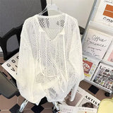 BONSIR  -  Men V-neck Long Sleeve Knit Shirts Loose Elastic Hollow knit Sweater T-shirt Slightly Transparent Knitted Sweaters Streetwear