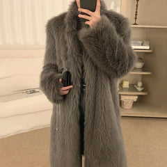 Bonsir Imitation Fox Fur Coat For Men New Autumn Winter Warm Thickened Long Fashion Elegant Solid Simple Loose Stand-Up Coat