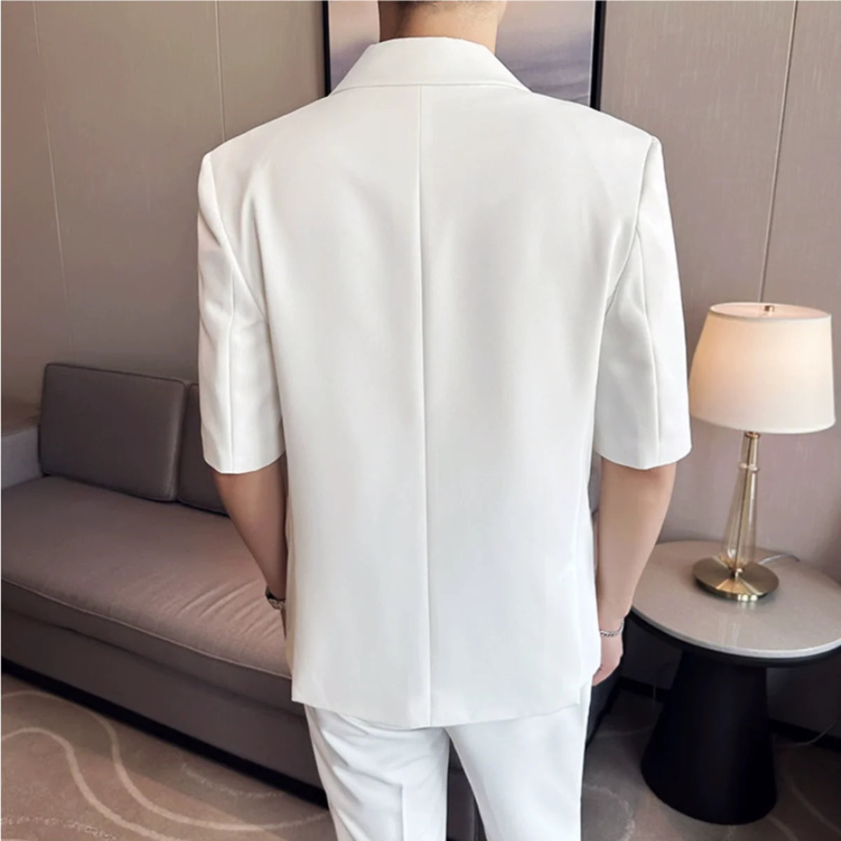 Bonsir Summer Fashion Half Sleeve Suit Men Side Buckle Design Casual Simple Solid Color Loose Suits Homme (Jacket + Pants+Belt)