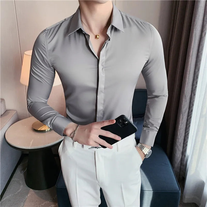 Bonsir 8 Colors High Quality  Men Dress Shirt Autumn Long Sleeve Solid Concealed Placket Shirts Men Business Slim Fit Social Shirt