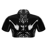Bonsir Mens Sexy Glossy Leather Short-sleeved Shirt Erotic Shaping Sheath Latex Tops Casual T-shirts Shiny Short Leather Jacket Sexi