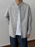BONSIR  -  Spring and Autumn New Chinese Stand Up Collar Shirt Men's Handsome Comfortable Textured Long-Sleeved Striped Shirt