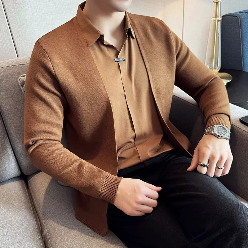 Bonsir Autumn New Fake 2 Pieces Knitted Cardigan Traceless Shirt Collar Spliced Casual Pullovers Fashion Men Slim Sweater Coats 4XL-M