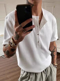 BONSIR  -  Fashionable Mens Henley Neck Shirts Knitting Solid Color Short Sleeve T Shirt Summer New Casual Buttoned Textured Men T-shirts