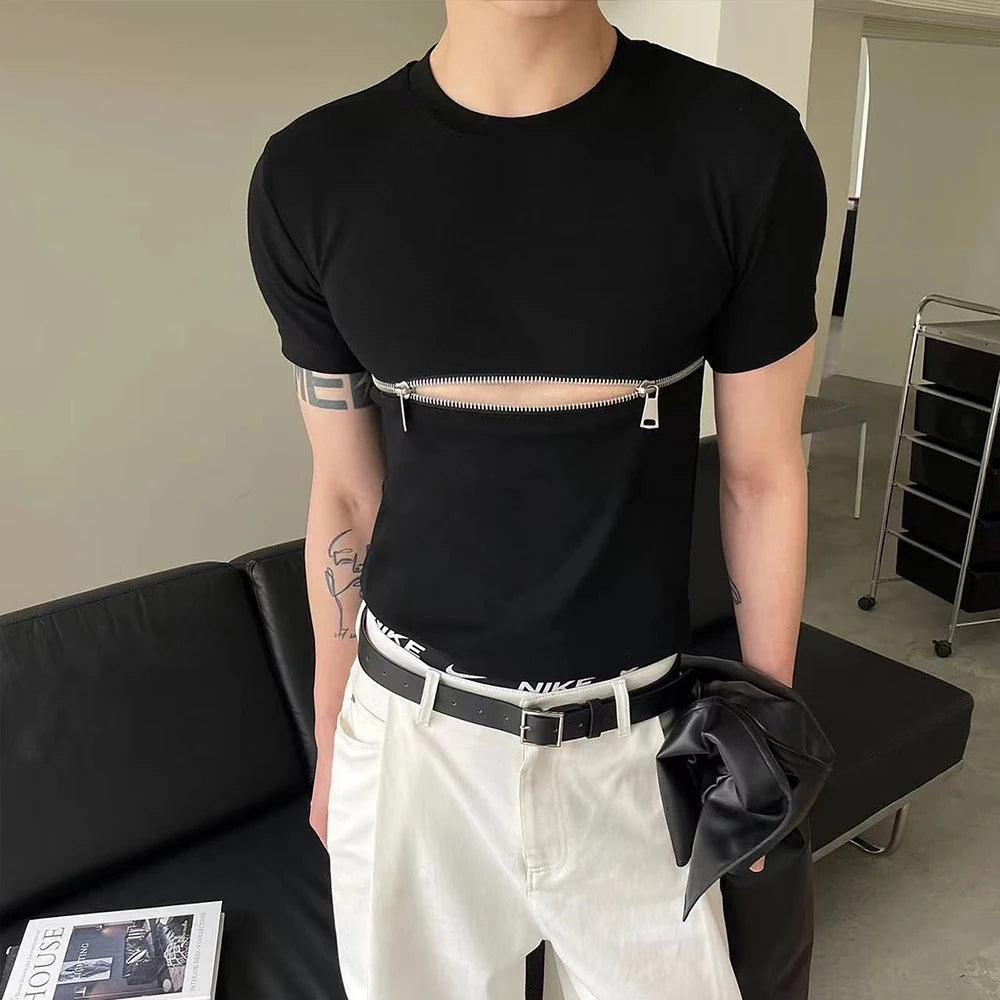 Bonsir 2024 Men T Shirt Zipper Solid Color O-neck Short Sleeve Fashion Men Crop Tops Summer Streetwear Casual Camisetas Navy Navel Tees