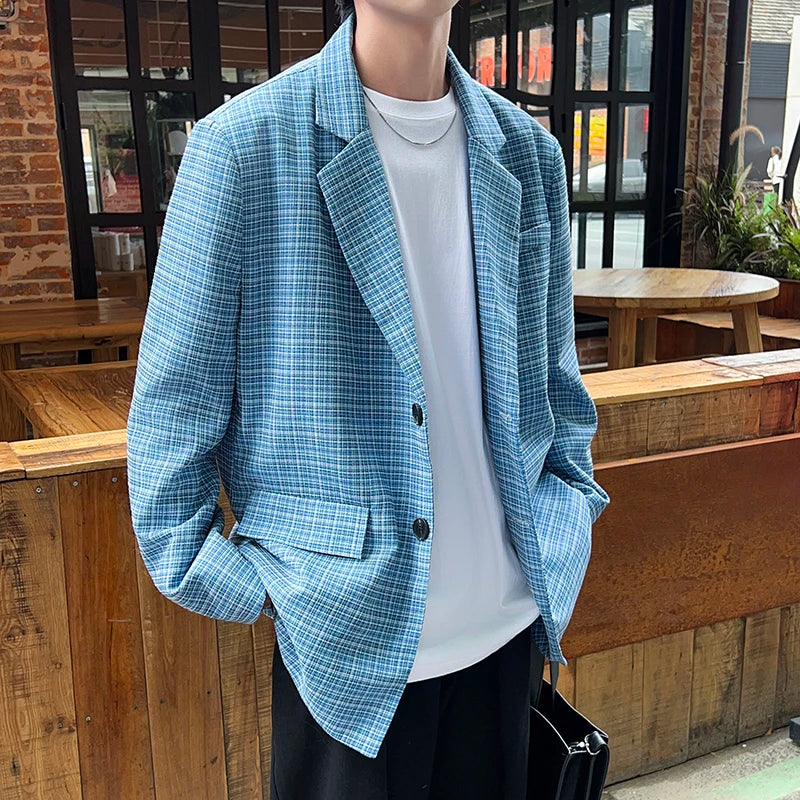 BONSIR  -  Fashion Oversize Plaid Blazer Jacket Men Japanese Style Clothing Vintage Casual Loose Grid Suit Coat Hip Hop Streetwear Khaki