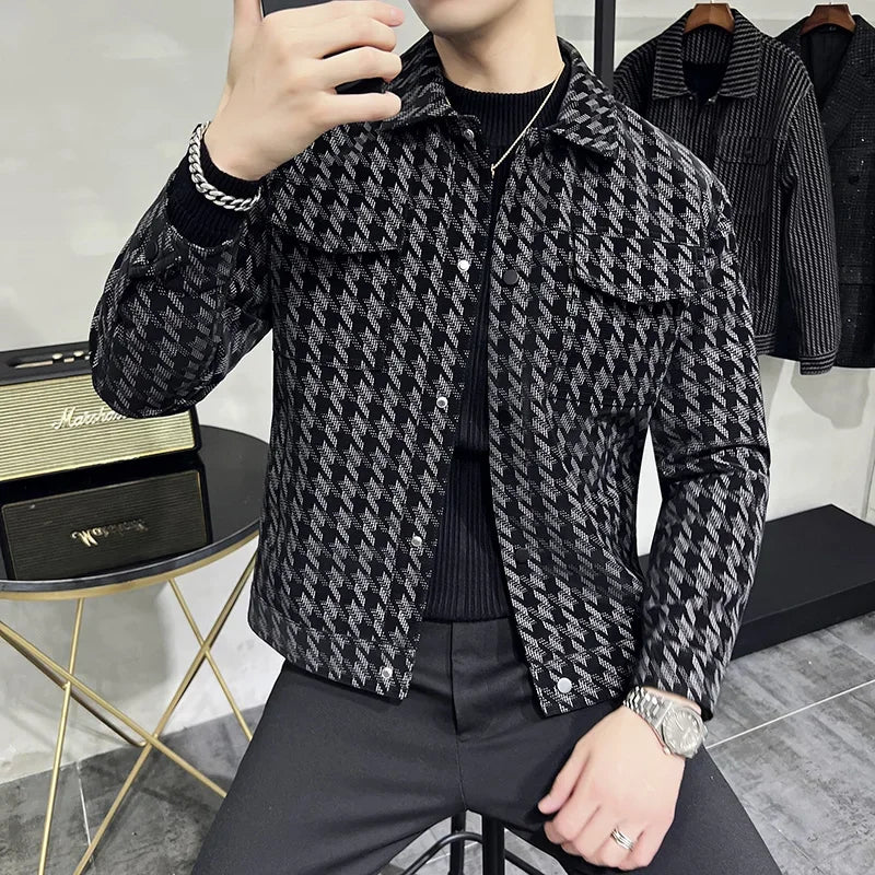 Bonsir Autumn New Men Lapel Jacket Single Breasted Slim Fit Casual Short Coats Streetwear Male Multiple Pockets Social Overcoat