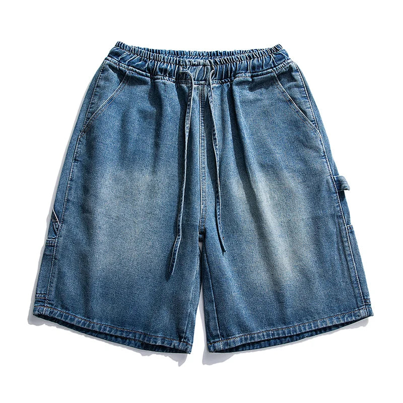 Bonsir Korean Style Summer Men's Blue Baggy Denim Shorts New Street Apparel Workwear Large Pocket Wide Leg Denim Shorts Blue