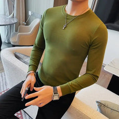 Bonsir Autumn Winter Men's Round Neck Long Sleeve T Shirts Men Solid Color Slim Fit Casual Elastic Warm Versatile Tee Shirt