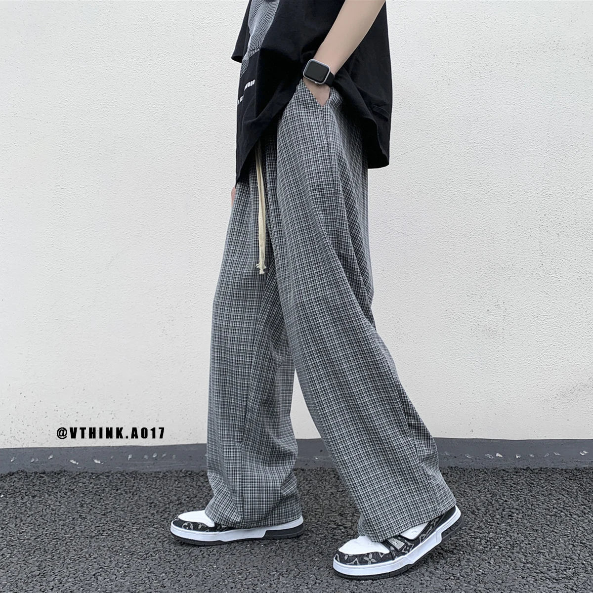 BONSIR  -  Summer/Autumn Plaid Pants Men Loose Casual Straight Trousers for Male/Female Harajuku Hip-hop Streetwear Wide-leg Mopping Pants