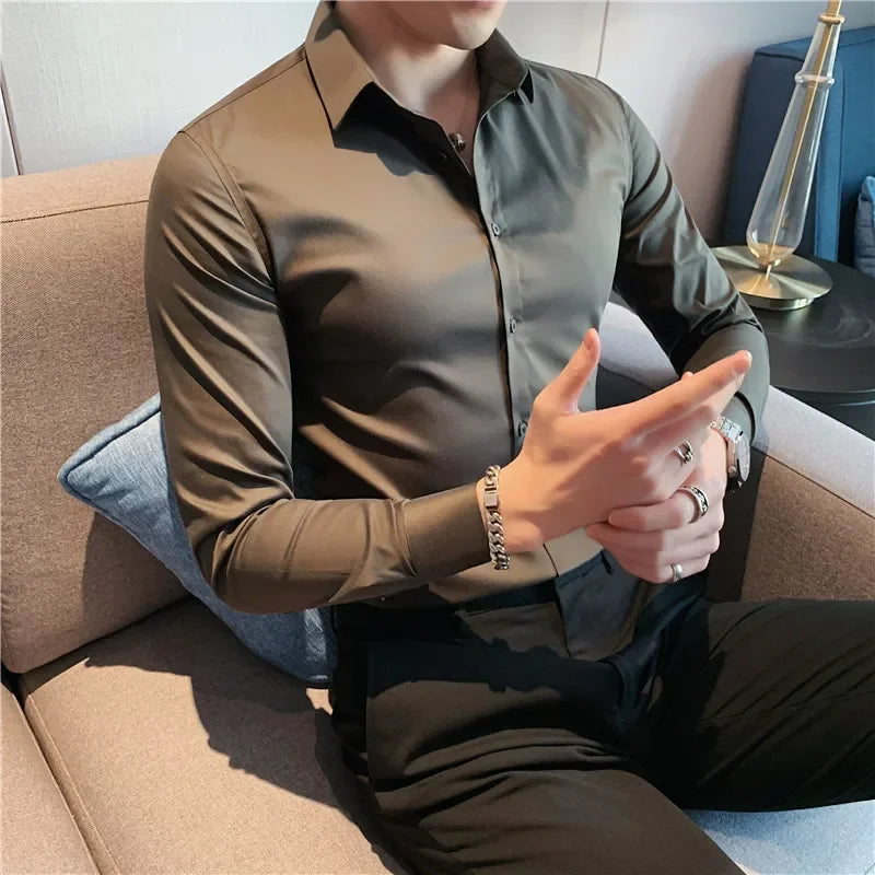 Bonsir 9 Colors High Quality Men Shirt Autumn New Long Sleeve Solid Business Slim Fit Shirts Homme Dress Social Casual Shirt 4XL-M