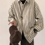 BONSIR  -  Men's Vertical Striped Long Sleeved Shirt Japanese Retro Loose Lapel Top Casual Single Breasted Male Thin Coat