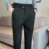 Bonsir British Autumn New High Waist Trousers Men Belt Design Slim Fit Suit Pants Office Social Wedding Party Formal Pants Hommes