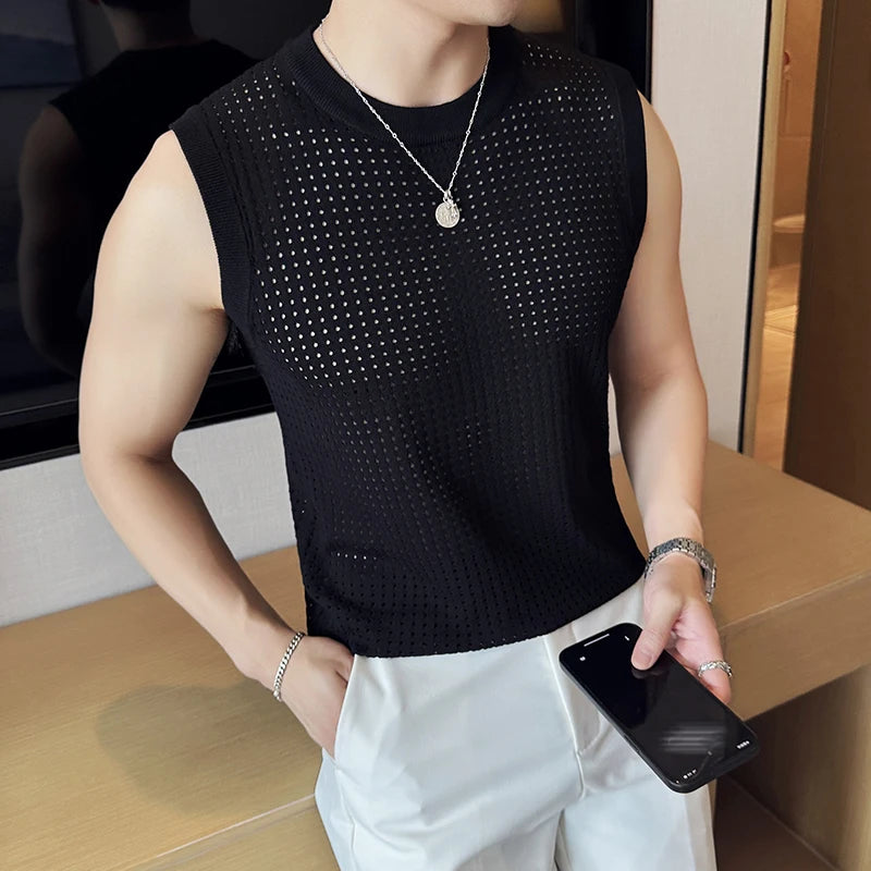 Bonsir Summer Mesh Hollowing Out T Shirts For Men High Quality Korean Slim Fit Elastic Sleeveless O-Neck Gym Breathable Vest Mens Tees