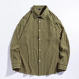 BONSIR  -  Autumn Business Casual Striped Shirts for Men Tops Stripe Shirt Loose Top Cotton Blouse Cardigan Korean Long-Sleeved Shirts