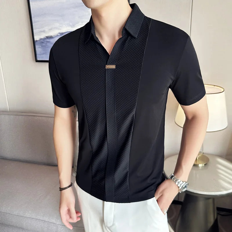 Bonsir Black / White Summer High Elastic V Neck Polo Shirts Men's Waffle Splicing Ice Silk Seamless T-shirt Casual Loose Tops Tees