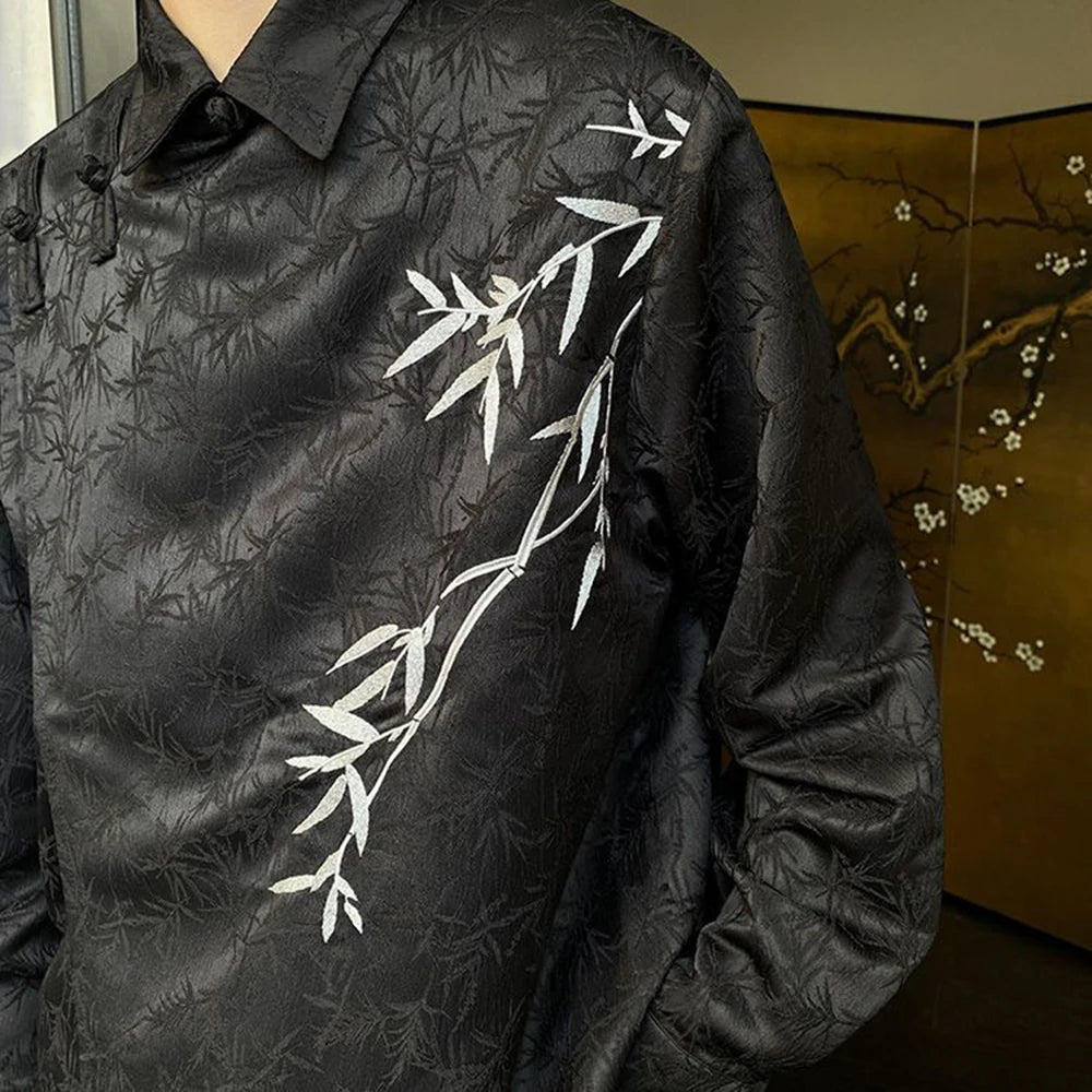 Bonsir Mens Chinese Jacquard Bamboo Embroidered Cheongsam Button Shirt Autumn Winter Genderless Retro Satin Long Sleeve Shirt Unisex