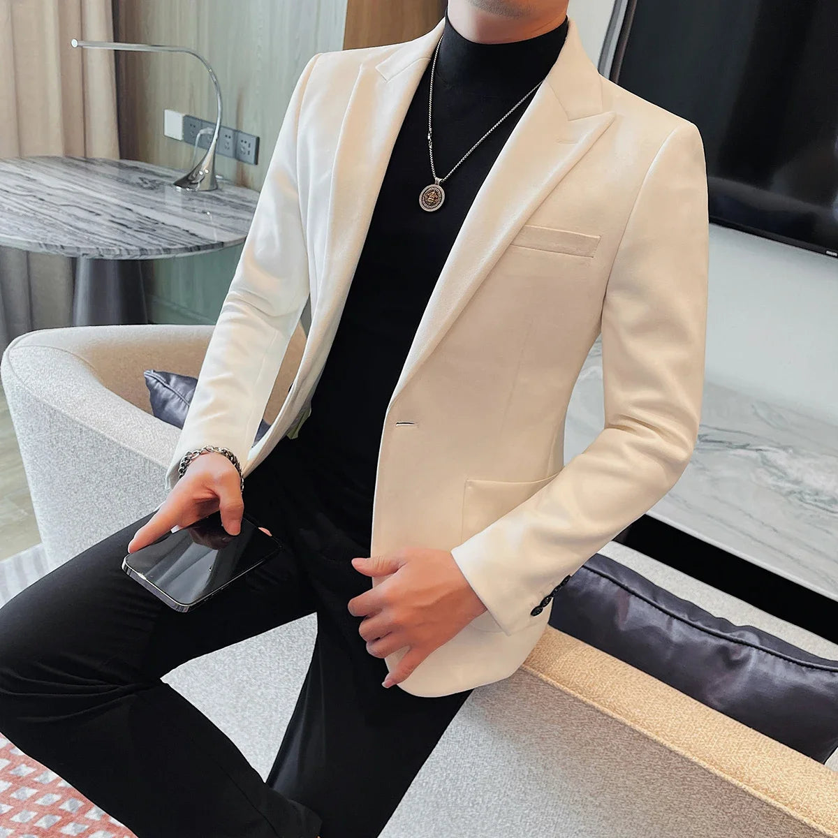 Bonsir Classics Autumn Winter Suede Suit Jackets Fashion New Solid Slim Fit Business Office Social Blazer Wedding Top Mens Clothing 4XL