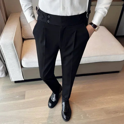 Bonsir Autumn Winter High Waist Business Dress Pants Men Casual Belt Design Slim Suit Pants Formal Wedding Social Party Male Trousers