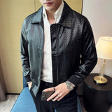 Bonsir Autumn Winter Men High Quality Woven Leather Jacket Fashion Lapel Business Casual Motorcycle Jacket Brand Social Overcoat