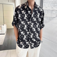 Bonsir Men's Korean Butterfly Printed Shirt Seaside Vacation Casual Tops Beach Clothing short-sleeved shirts youth personality tops