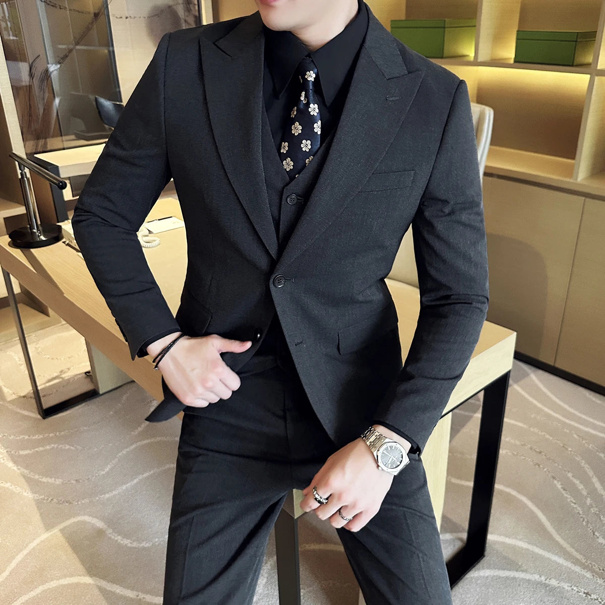 Bonsir (Jacket + Vest + Pant) Men's Formal Slim Fit Business Work Wedding Stage Tuxedo Fashion Best Men Social Dress Suit 3 Pieces Set