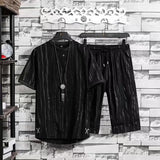 BONSIR  -  Summer New Loose Two Piece Set Men's Short-sleeved T-shirt Drawstring Pants Korean Wrinkle Sports Casual Suit Trend Men Clothes