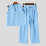 BONSIR  -  Men Sets Solid Color V Neck Sleeveless Vests & Pleated Pants Two Pieces Sets Streetwear Loose 2025 Men's Casual Suits