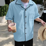 BONSIR  -  Men Shirt Solid Color Lapel Short Sleeve Tops Summer Oversize Streetwear Cotton Korean Style Fashion Casual Men Clothing