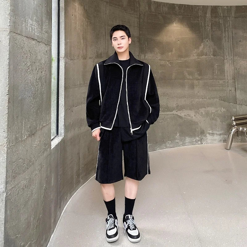 Bonsir Autumn Men's Two-piece Stand Collar Solid Color Jacket Straight Wide Leg Loose Male Shorts Korean Style