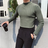 Bonsir Plus Size 4XL-M Autumn Winter Half Turtleneck Stripe Sweater Men Elastic Knitting Pullover Korean Slim Solid Tight Sweater Tops