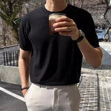 BONSIR  -  Summer Casual Mens Ice Silk Knit Tops Leisure Breathable Solid Color Slim Knitting T Shirts Men Fashion Short Sleeve Tees
