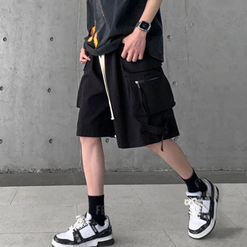 Bonsir Cargo Shorts Men High Street Loose Cozy Summer Multi Pockets Knee-length Solid Drawstring Japanese Style Classic Slouchy Daily