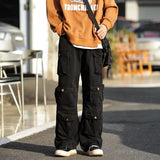 Bonsir Men's Multi-pockets Cargo Pants Autumn Vintage Solid Color Hiphop Overalls Baggy Casual High Street Mopping Trousers