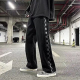 Bonsir Men and women hip-hop street trend straight leg personalized plaid design elastic waist tied jeans retro loose casual pants y2k