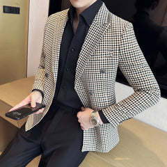 Bonsir British Style Fashion Double Breasted Casual Blazer Coat Men Check Slim Fit Suit Jacket Formal Office Wedding Tuxedo Jacket