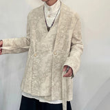 Bonsir Mens Jacket Jacquard Belt Elegant Apricot Suit Genderless Chinese Style Retro Court Style Campus Casual Long-Sleeve Top Unisex
