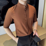 Bonsir High Quality Metal Buttons Decor Half Sleeve Shirts Summer New Men Slim Fit Casual Social Business Blouse Homme