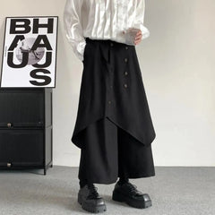 Bonsir Japanese Gothic Dark Style Pants Skirt Irregular Layered Pants Hakama Autumn Fashion Streetwear All-Match Samurai Pants Unisex