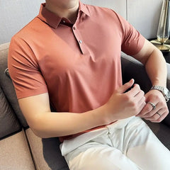 Bonsir Summer Ice Silk Seamless Polo Shirts For Men High Elasticity Thin Dark Stripes Solid Casual Slim Fit Short Sleeved T-shirt