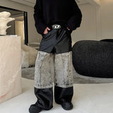 Bonsir Autumn Niche Design Patchwork Casual Pants Versatile Straight Washed Denim Splice PU Leather Wide Leg Trousers Tide