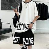 BONSIR  -  2 Pieces Men Shorts Set Summer Waffle Fabric Casual O Neck Half Sleeve T Shirt+Shorts Sets Oversize Loose Letter Print Tracksuit